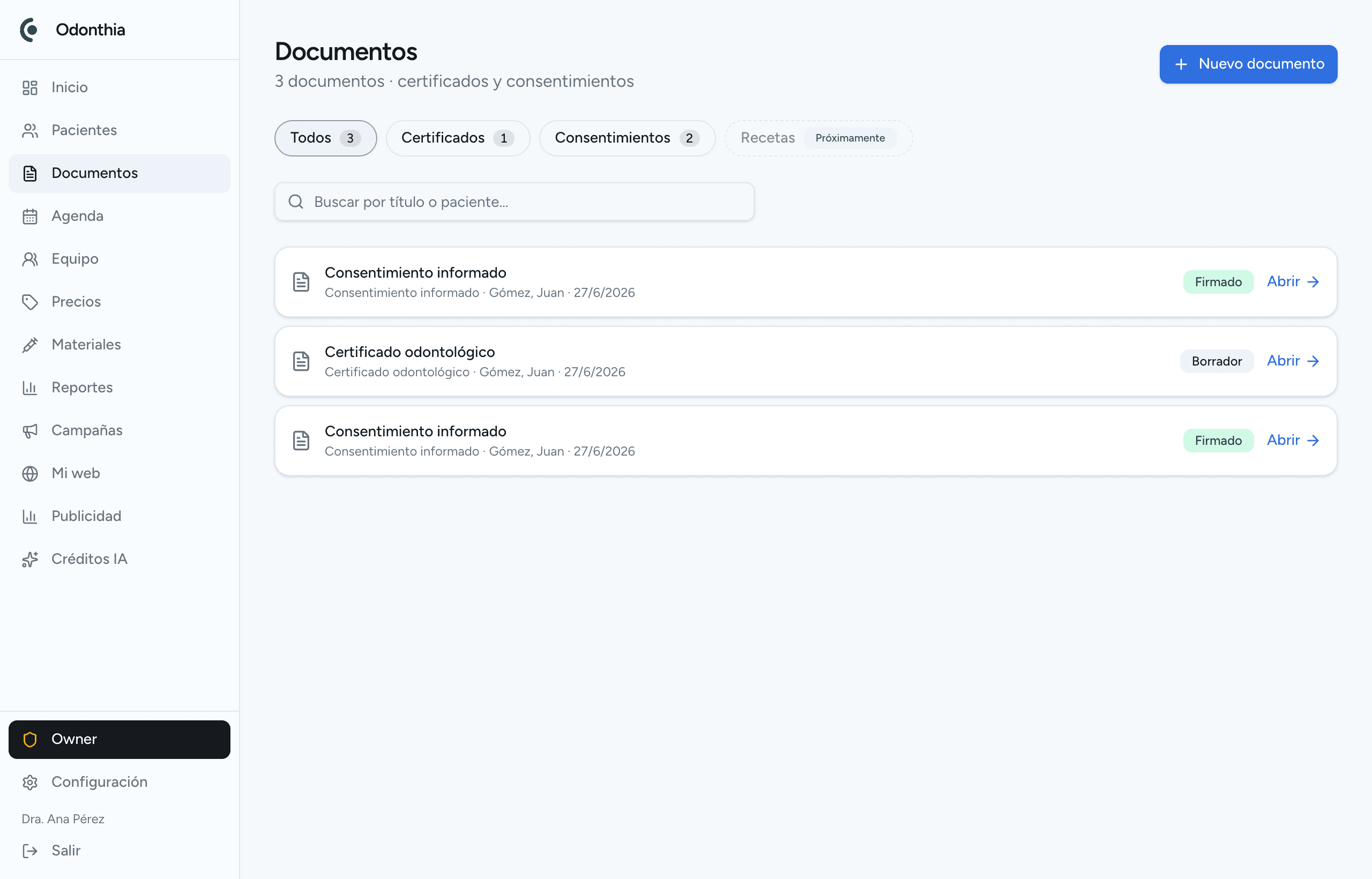 Documentos y firma en Odonthia