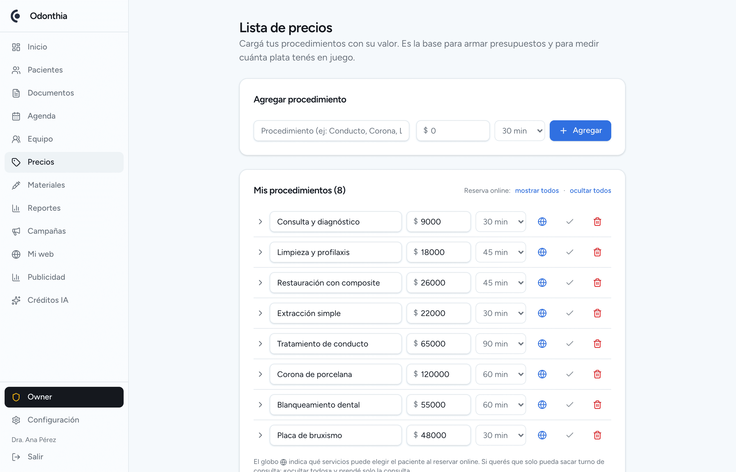 Lista de precios en Odonthia